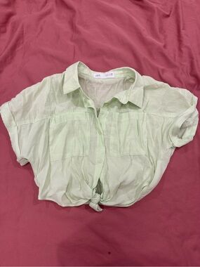 Zara Light Mint Green Tie-Front Crop Shirt